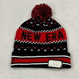 New Era Spell Out w/ Hearts Black Red Cuffed Knit Pom Pom Winter Beanie Hat Cap